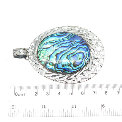 925 Sterling Silver Vintage Real Abalone Shell Ornate Large Teardrop Pendant