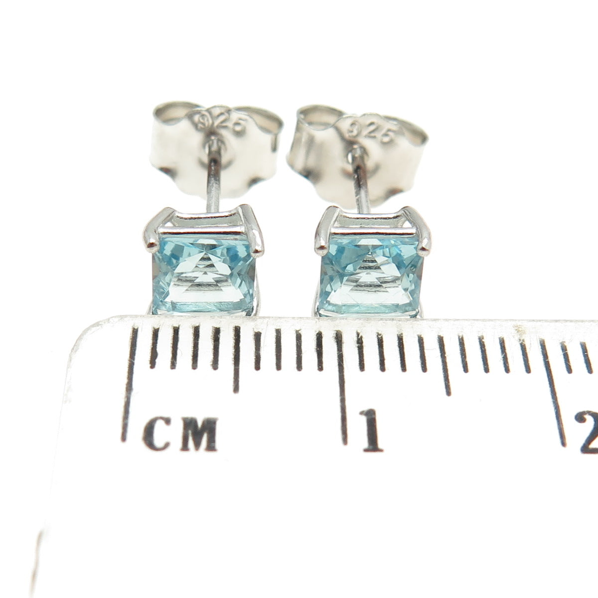 925 Sterling Silver Princess-Cut Shaped Blue C Z Stud Earrings