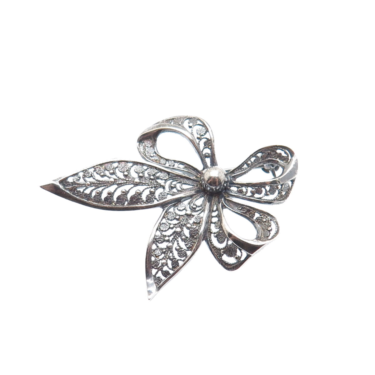 935 Silver Vintage Filigree Ribbon Bow Oxidized Pin Brooch