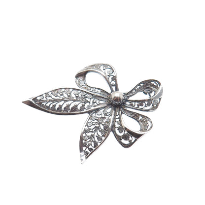 935 Silver Vintage Filigree Ribbon Bow Oxidized Pin Brooch
