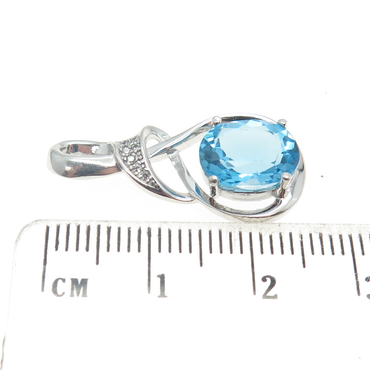 925 Sterling Silver Real Round-Cut Diamond & Blue Topaz Twisted Pendant