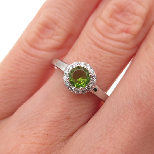 925 Sterling Silver Real Round-Cut Peridot & C Z Ring Size 5.25