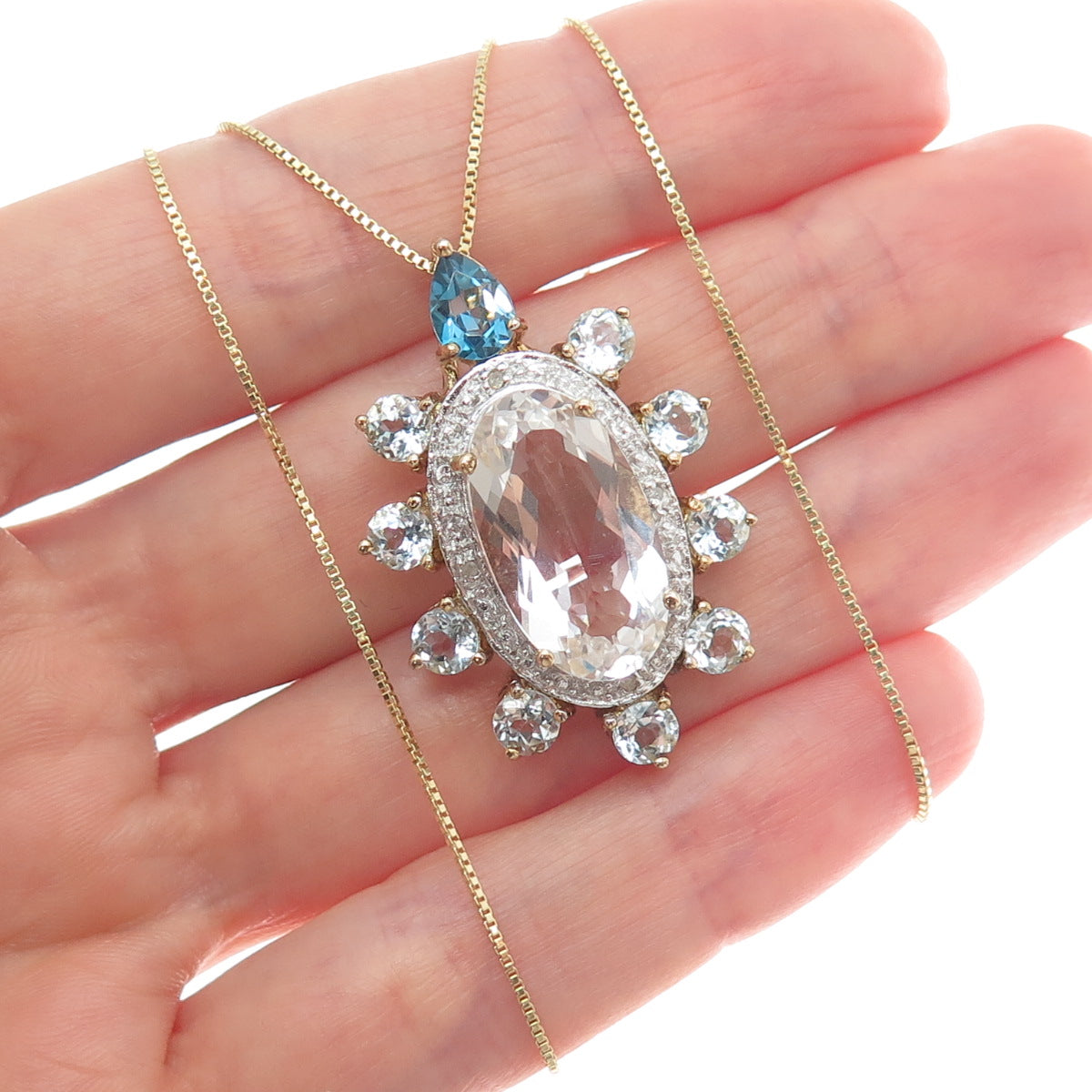 925 Sterling Gold Plated Diamond Accent Multi-Color Topaz Box Chain Necklace 18"