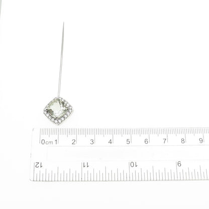 925 Sterling Silver Real Cushion-Cut Green Amethyst & C Z Lapel Pin