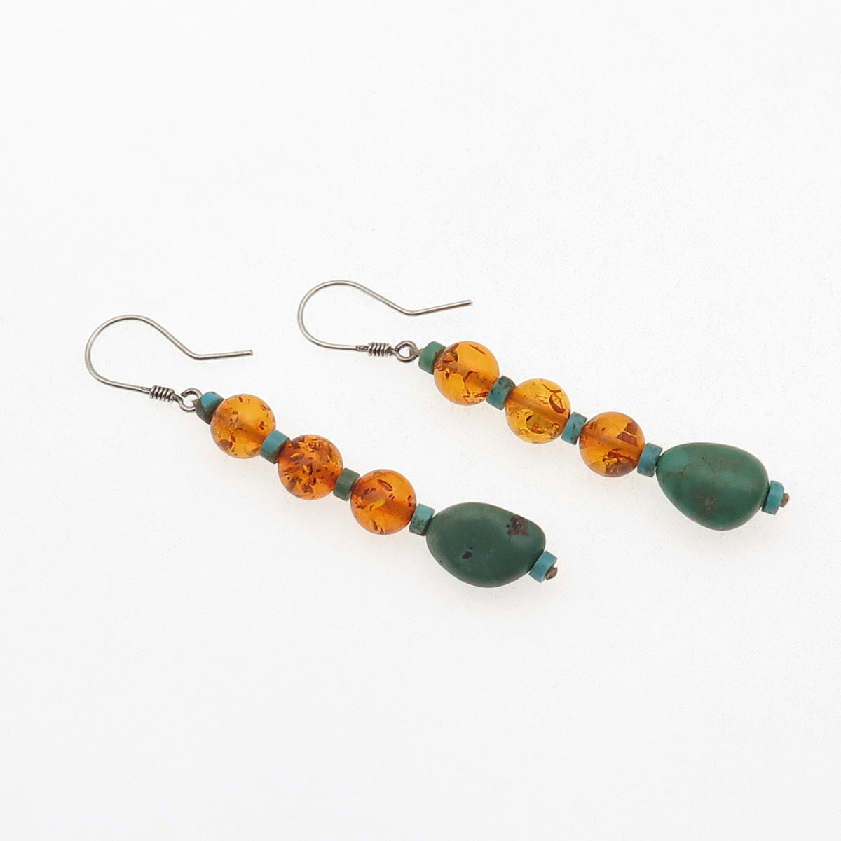 925 Sterling Silver Vintage Real Turquoise & Amber Beaded Dangle Earrings