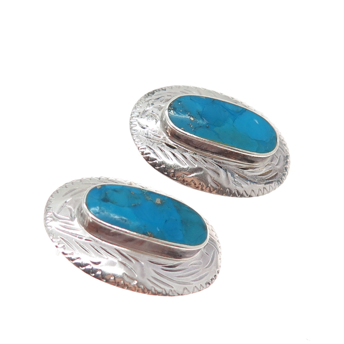 CHAPAL ZENRAY 925 Sterling Silver Vintage Real Morenci Turquoise Ethnic Earrings