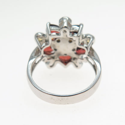 925 Sterling Silver Vintage Real Pearl Red Garnet Citrine Flower Ring Size 7.25