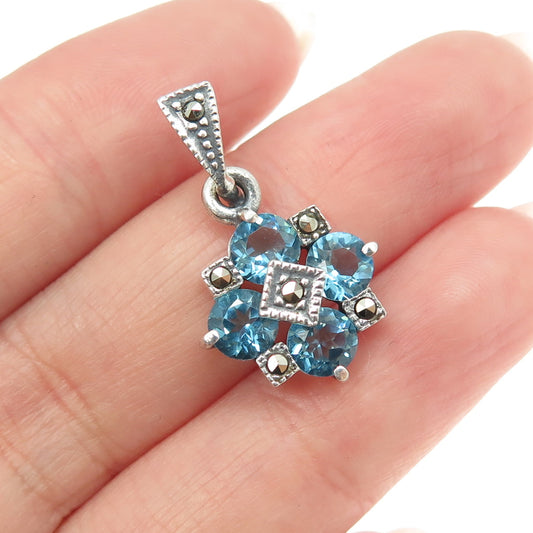 925 Sterling Silver Vintage Real Marcasite Gemstone & Blue C Z Pendant