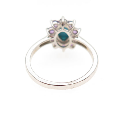 Chuck Clemency 925 Sterling Silver Real Turquoise & Amethyst Floral Ring Size 7