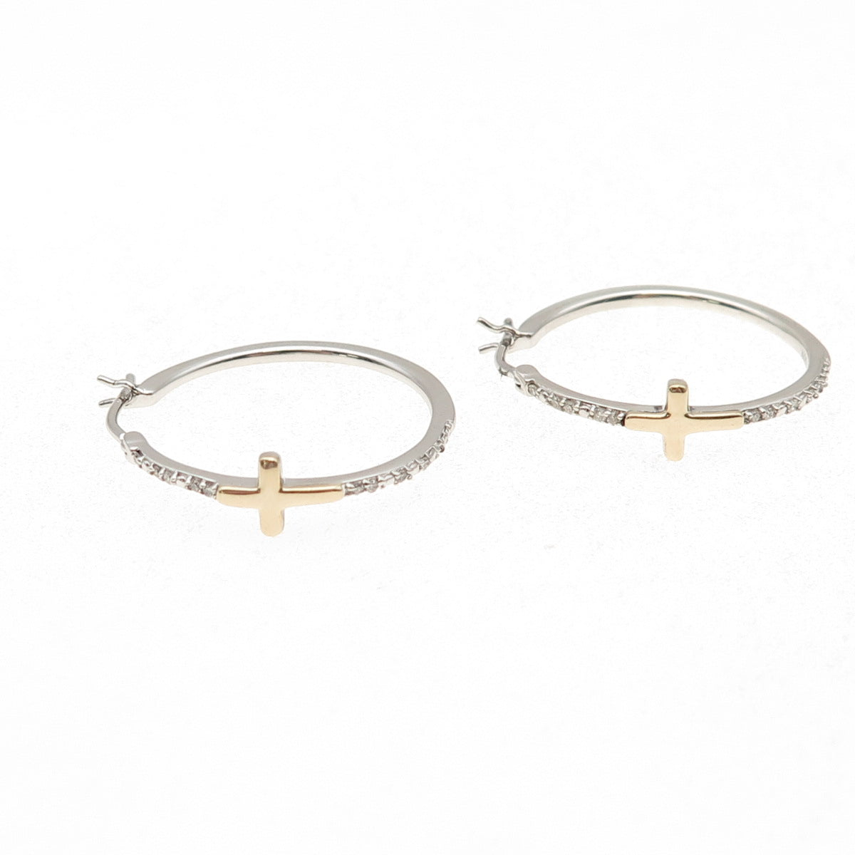 Sun 925 Sterling Silver 10K Gold Real Round-Cut Diamond Cross Hoop Earrings