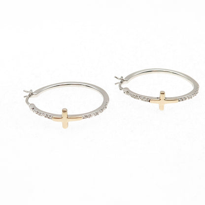 Sun 925 Sterling Silver 10K Gold Real Round-Cut Diamond Cross Hoop Earrings
