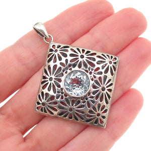 925 Sterling Silver Vintage Real Blue Topaz Floral Oxidized Charm Pendant