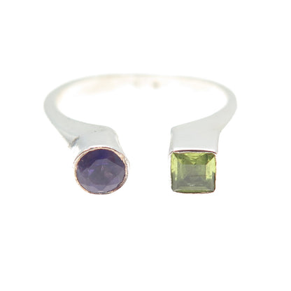 925 Sterling Silver Vintage Real Peridot & Amethyst Adjustable Ring Size 6.75