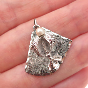 Elco 925 Sterling Silver Vintage Real Pearl Florida Palm Tree Charm Pendant