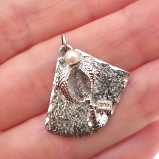 Elco 925 Sterling Silver Vintage Real Pearl Florida Palm Tree Charm Pendant