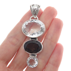 925 Sterling Silver Vintage Real White Topaz & Smoky Quartz Graduated Pendant
