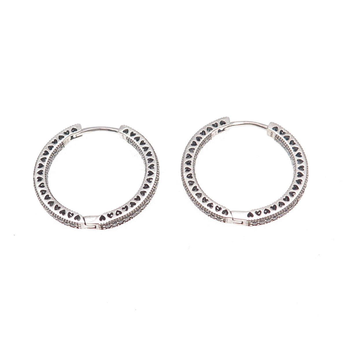 Pandora 925 Sterling Silver C Z Hearts In & Out Hoop Earrings