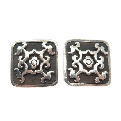 925 Sterling Silver Vintage Wood Floral Ornate Clip On Earrings