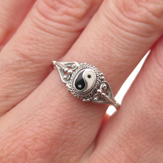 925 Sterling Silver Vintage Real Black & White Onyx Yin Yang Ring Size 8