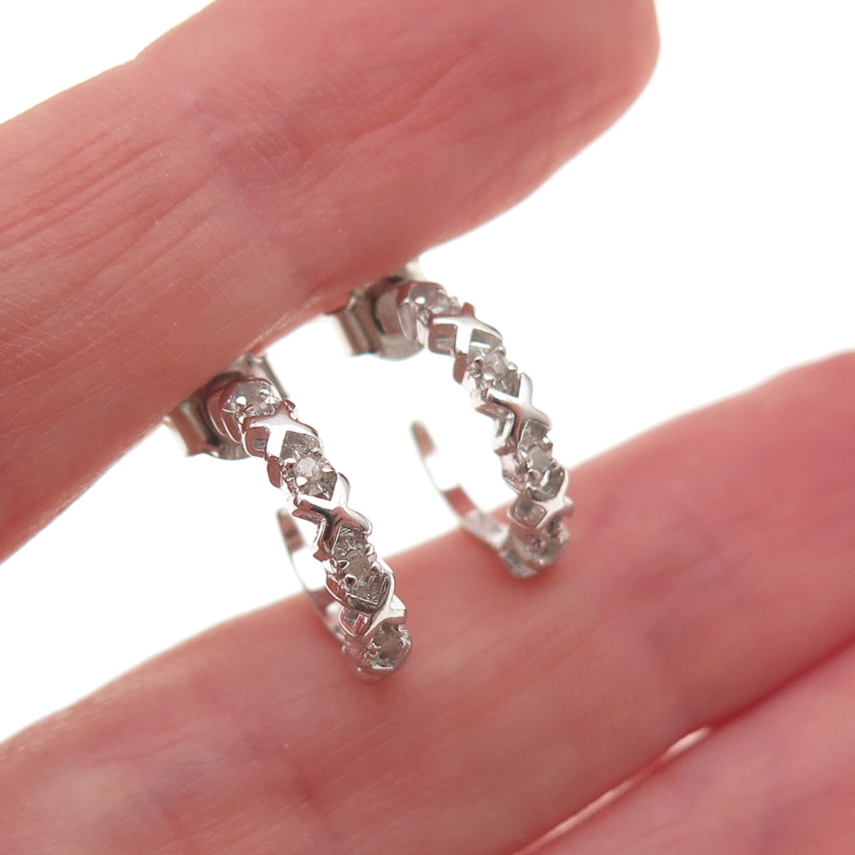 Charles Winston 925 Sterling Silver Real Round-Cut Diamond XO Hoop Earrings