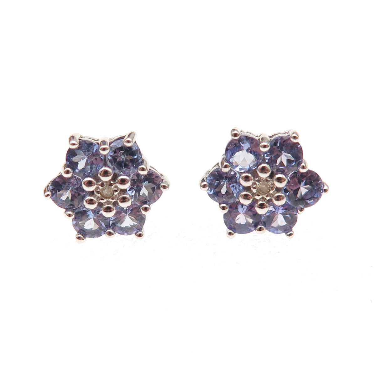 925 Sterling Silver Real Round-Cut Diamond & Tanzanite Floral Stud Earrings
