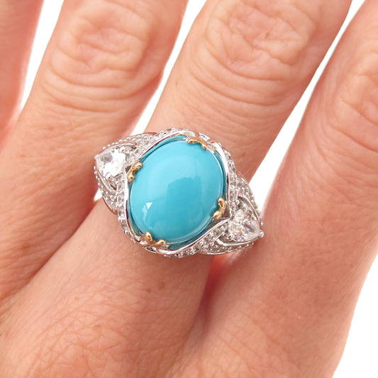 925 Sterling Silver 2-Tone Real Sleeping Beauty Turquoise & Topaz Ring Size 8.25