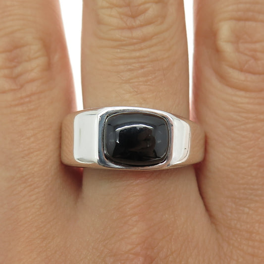 925 Sterling Silver Vintage Real Black Onyx Modernist Ring Size 10.25