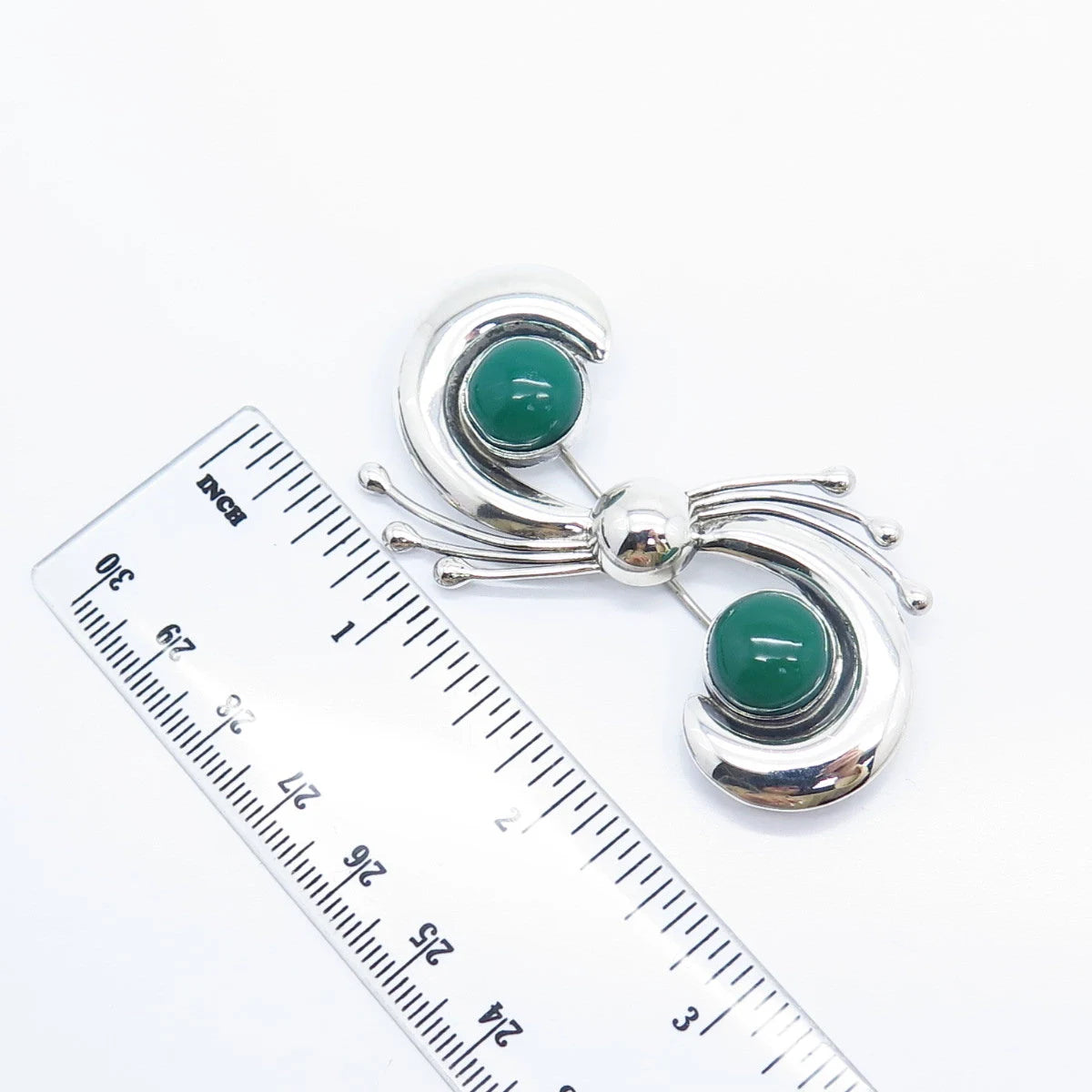 925 Sterling Silver Vintage Mexico Real Green Onyx Gemstone Pin Brooch