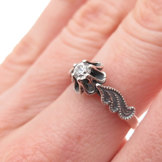 875 Silver Vintage European Round-Cut C Z Floral Oxidized Ring Size 6.25