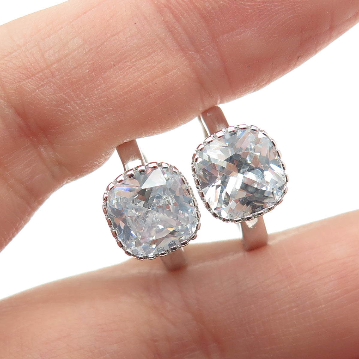 925 Sterling Silver Cushion-Cut Shaped C Z Huggie Earrings