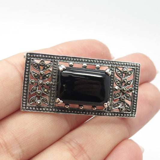 925 Sterling Silver Vintage Black Onyx & Marcasite Gem Art-Deco-Style Pin Brooch