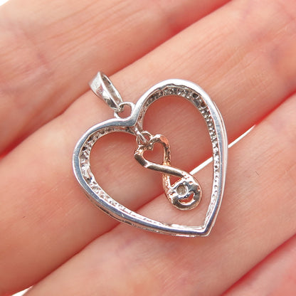925 Sterling Silver 2-Tone Real Round-Cut Diamond Heart Charm Pendant