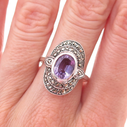 925 Sterling Silver Vintage Real Amethyst & Marcasite Oxidized Ring Size 8.25