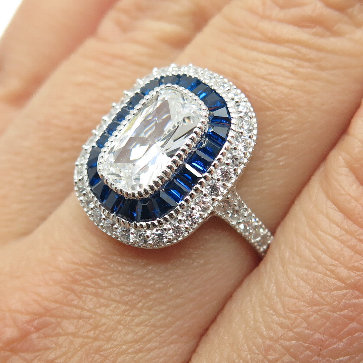 Elegance Jewellery 925 Sterling Silver Lab-Created Sapphire & C Z Ring Size 8.25