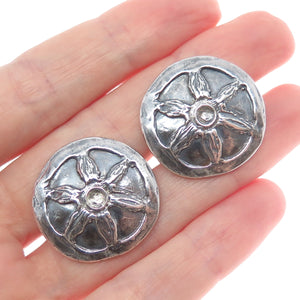 925 Sterling Silver Vintage Modernist Flower Disc Oxidized Earrings