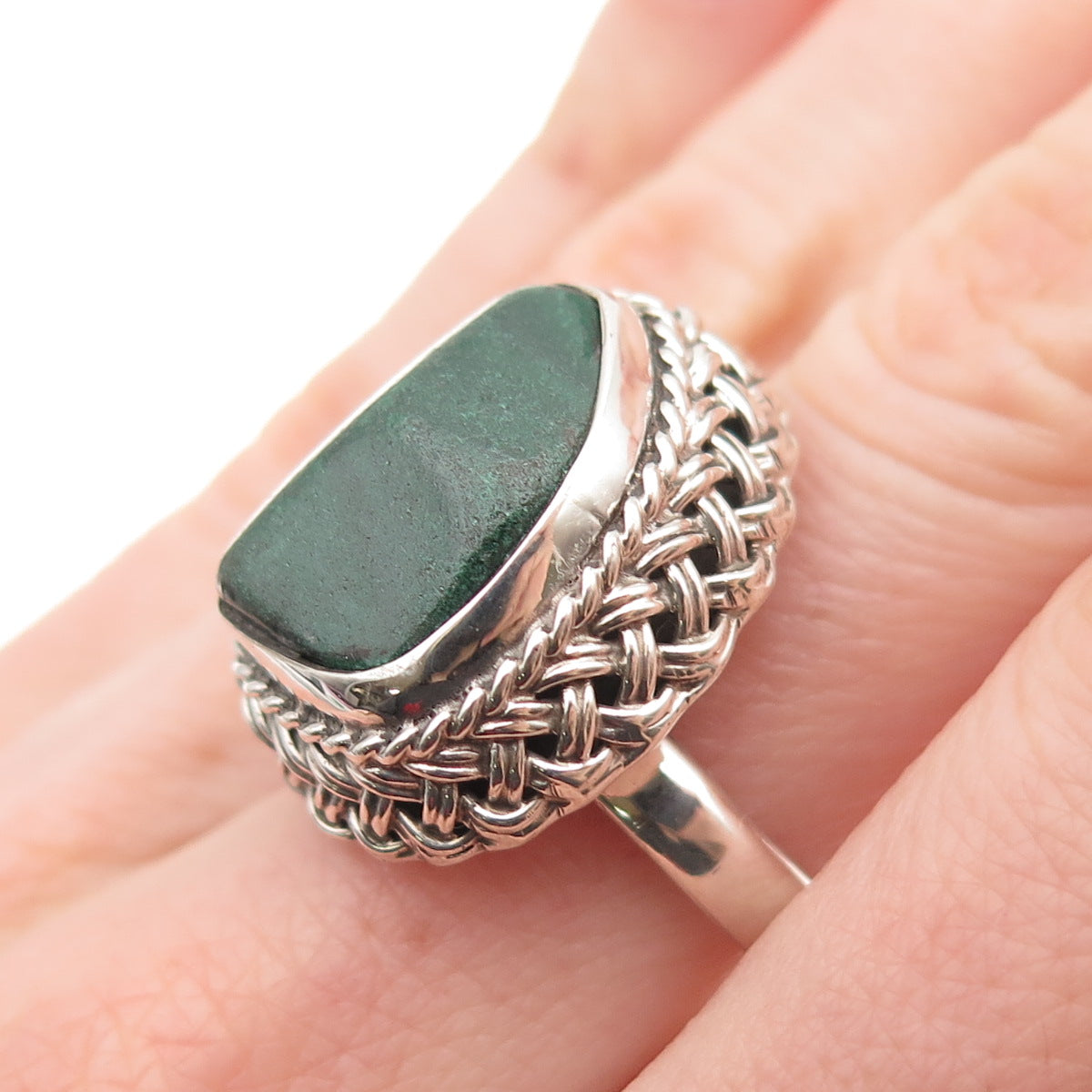 925 Sterling Silver Vintage Mexico Real Malachite Modernist Ring Size 7.75