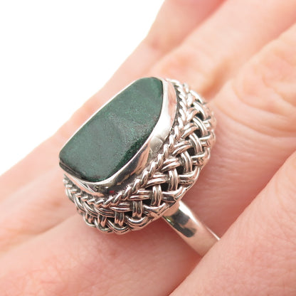925 Sterling Silver Vintage Mexico Real Malachite Modernist Ring Size 7.75