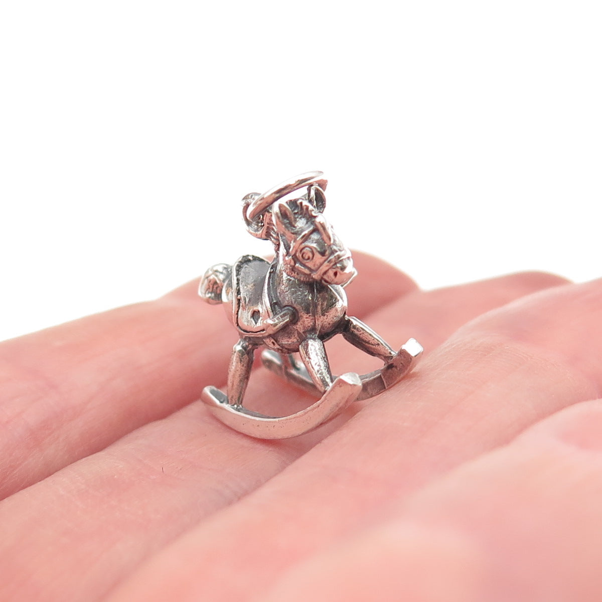 925 Sterling Silver Vintage 1986 Rocking Horse Oxidized 3D Mini Charm Pendant