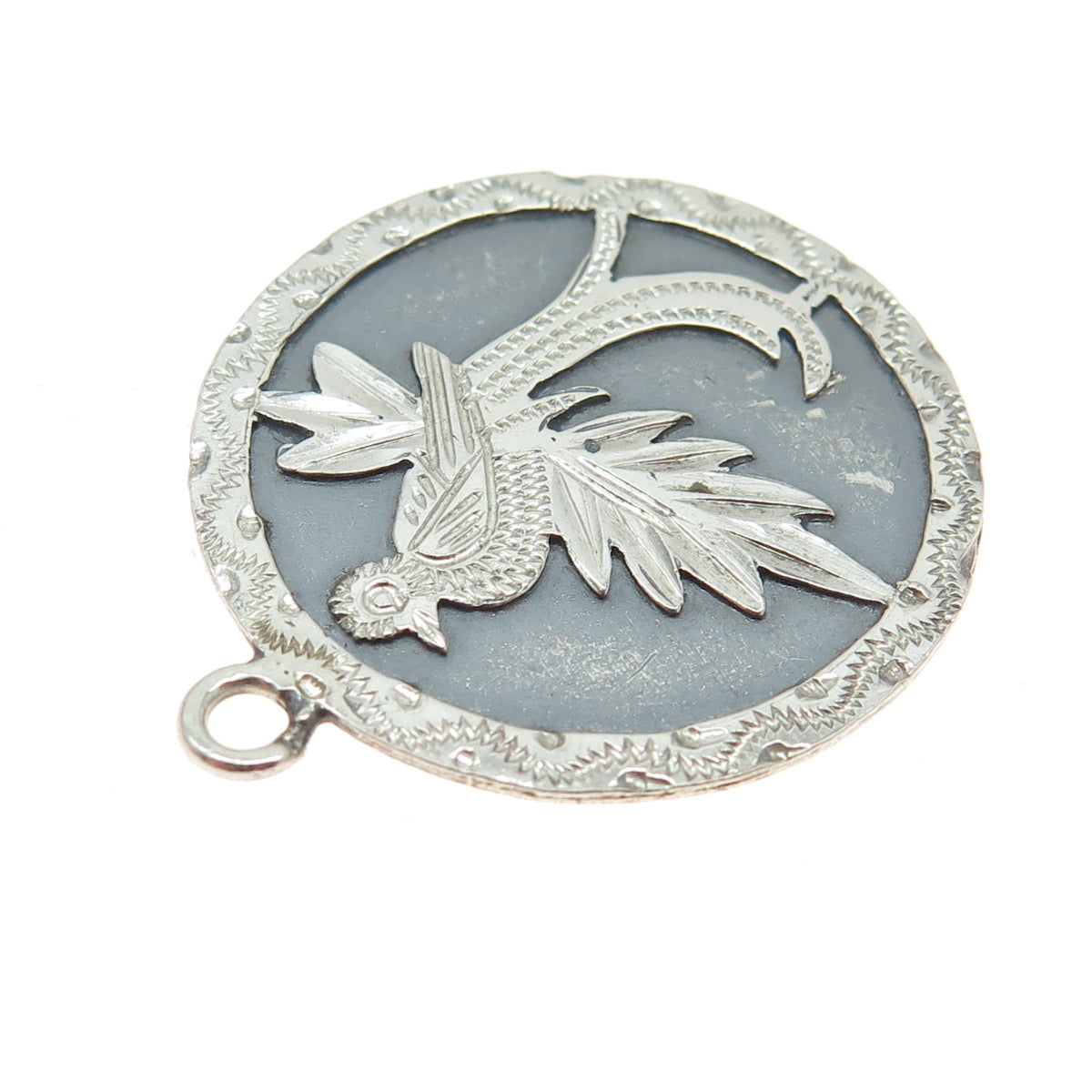 925 Sterling Silver Vintage Long-Tailed Widowbird Oxidized Round Pendant