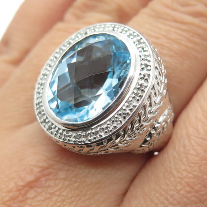 925 Sterling Silver Real Round-Cut White & Oval-Cut Blue Topaz Ring Size 7