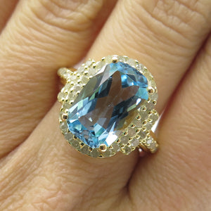 DSMK 925 Sterling Silver Gold Plated Real Diamond & Blue Topaz Ring Size 6.75