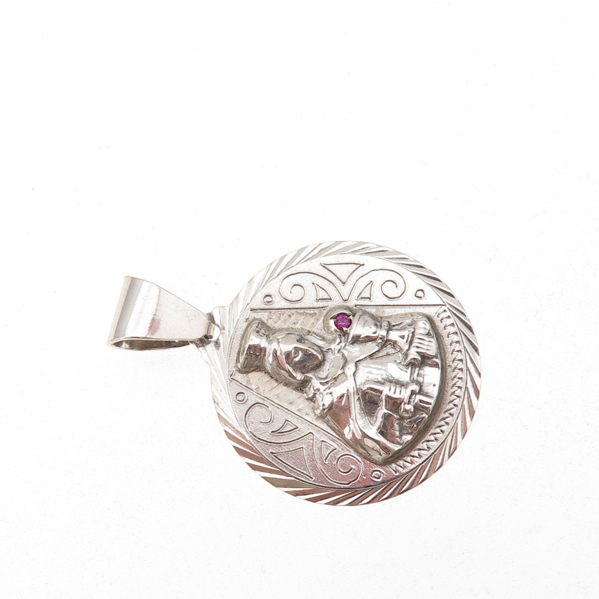 925 Sterling Silver Vintage Real Ruby St. Barbara Religious Medal Charm Pendant