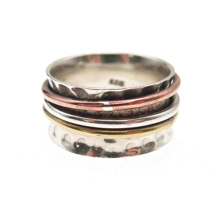 925 Sterling Silver 3-Tone Vintage Modernist Hammered Rotating Ring Size 7