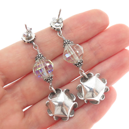 DOUG PAULUS Sterling Silver Vintage Crystal Rose Flower Oxidized Dangle Earrings