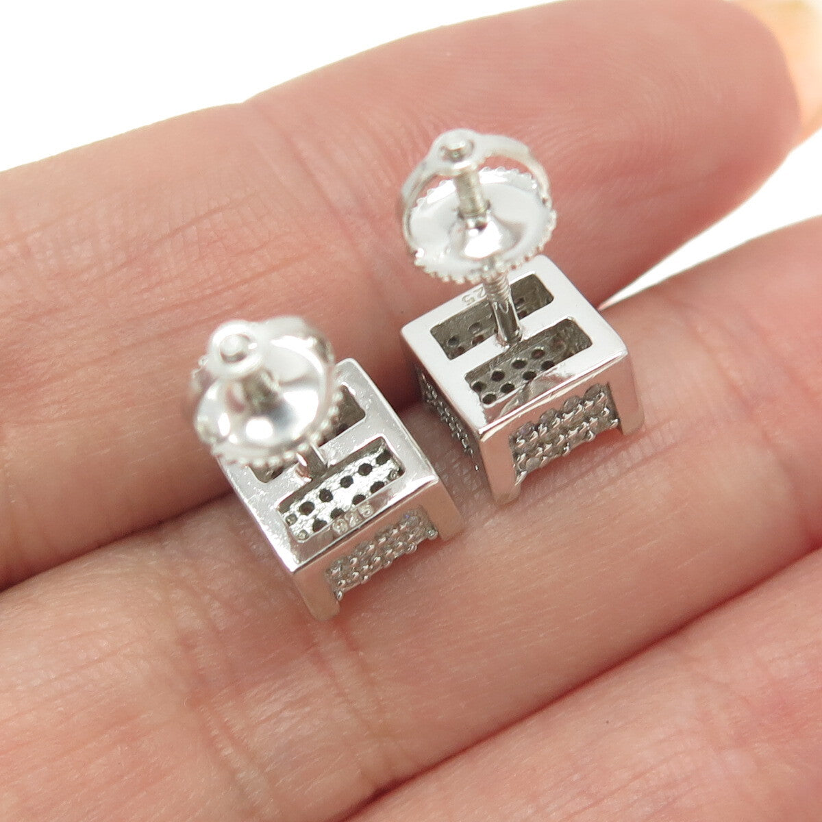 925 Sterling Silver Round-Cut C Z Princess Square Earrings