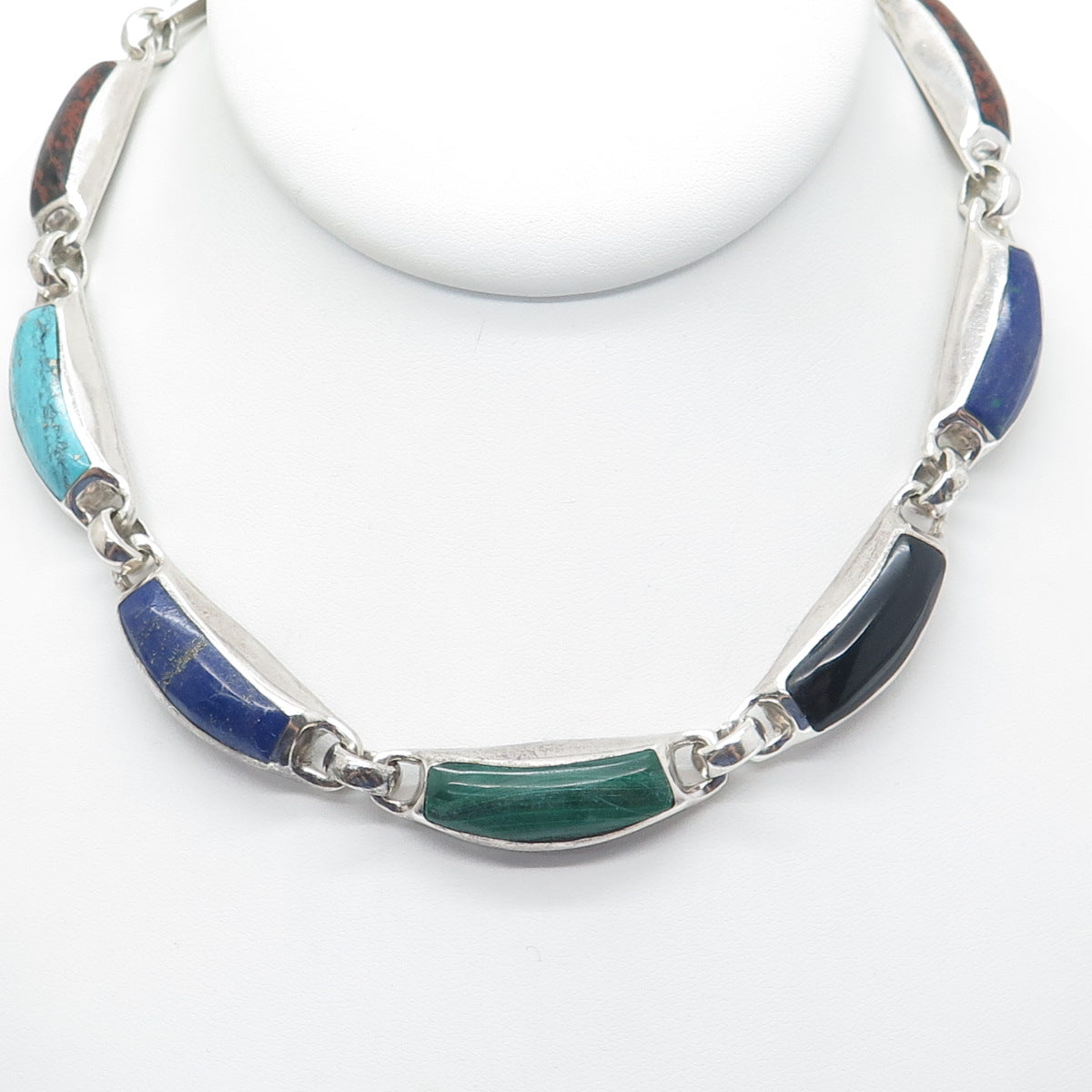 950 Silver Vintage Azurite Turquoise Jasper Onyx Lapis & Malachite Necklace 20"