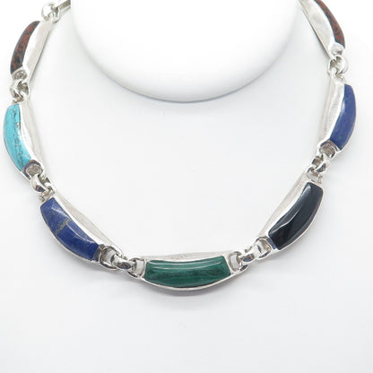 950 Silver Vintage Azurite Turquoise Jasper Onyx Lapis & Malachite Necklace 20"