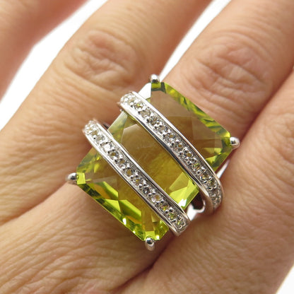 925 Sterling Silver Real Lemon Citrine & C Z Statement Ring Size 6.25