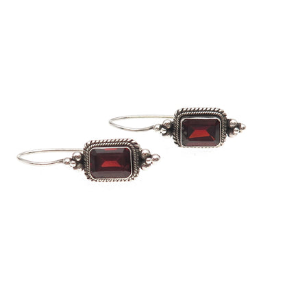 925 Sterling Silver Vintage Real Emerald-Cut Red Garnet Beaded Oxidized Earrings