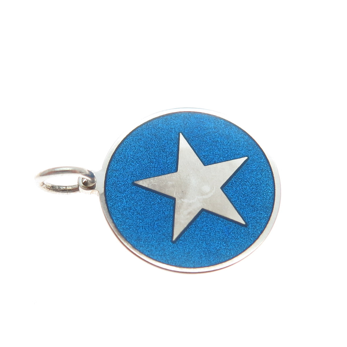 925 Sterling Silver Blue Enamel Star Round Tag Minimalist Charm Pendant